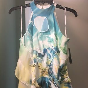 💚 NWT Blue Wht Yellow ruffled halter fully lined